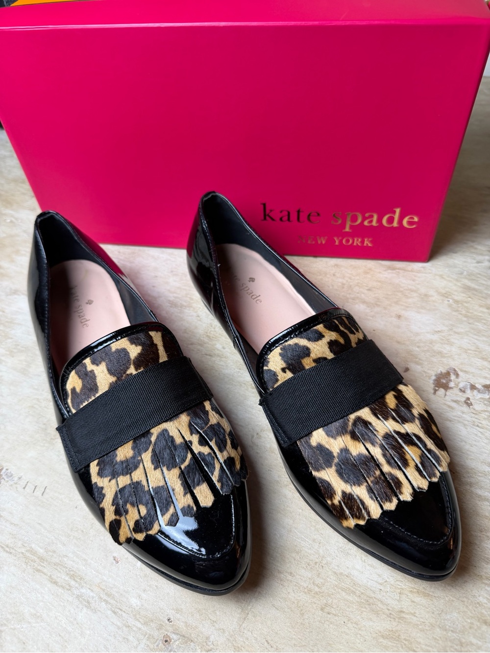 Kate Spade New York Leopard Calf hair Patent Leather Loafers with leather sole